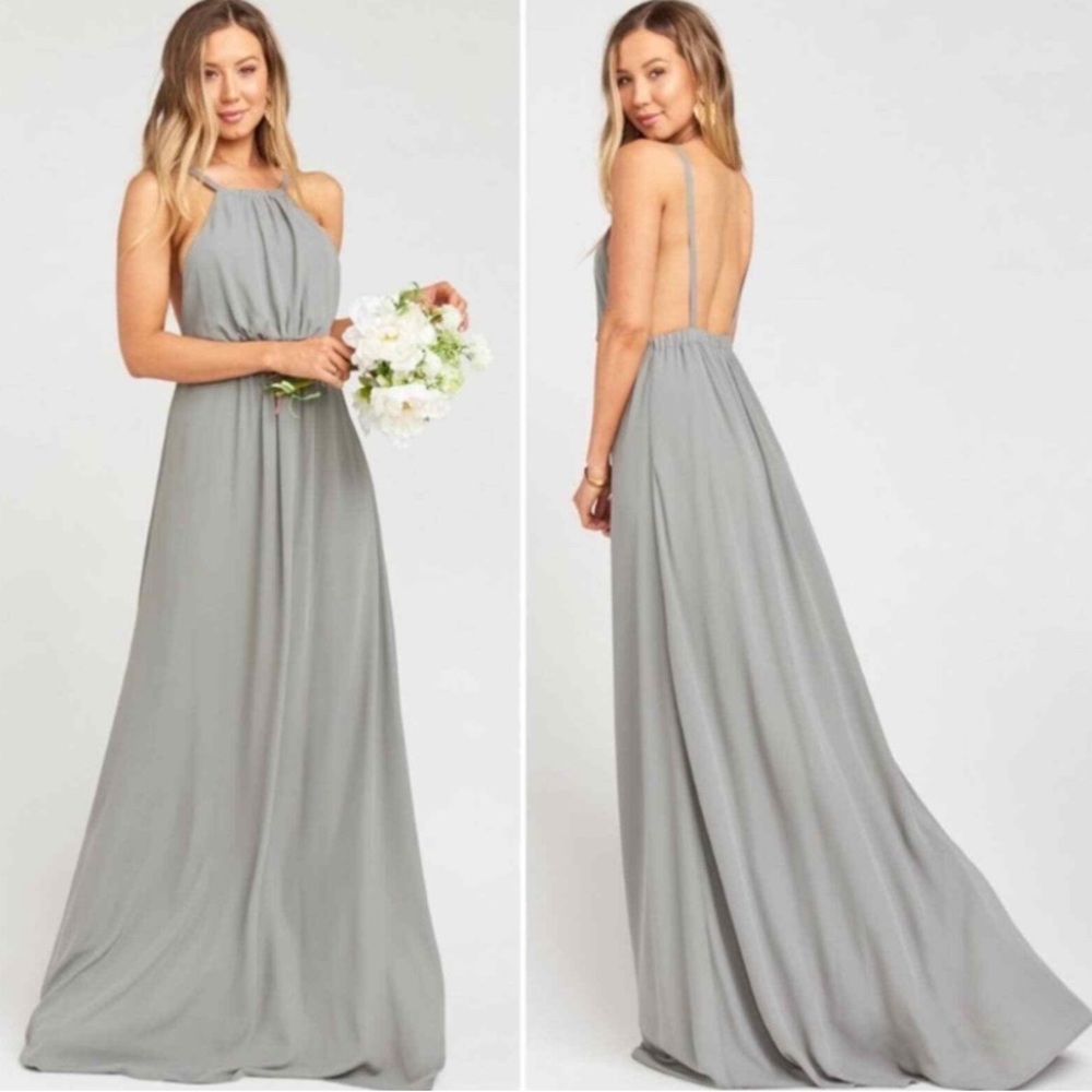 Show Me Your MuMu Amanda Halter Maxi Bridesmaid Dress in Soft Charcoal Crisp